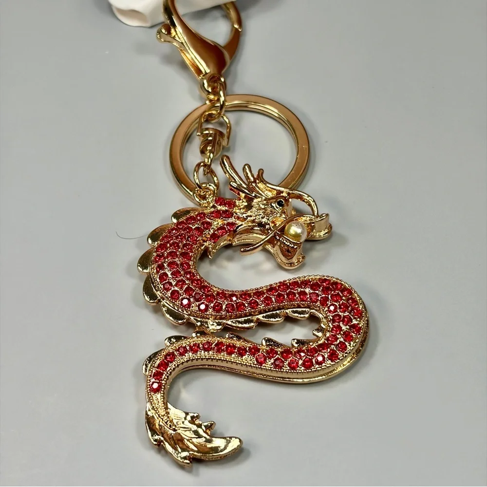 Asian Gold Dragon Keychain with Red Crystal Accents